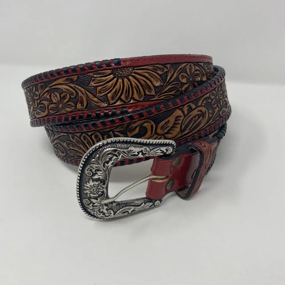 American Darling 44 Red Floral Hand Tooled Leather Belt Western Unisex USA Rodeo